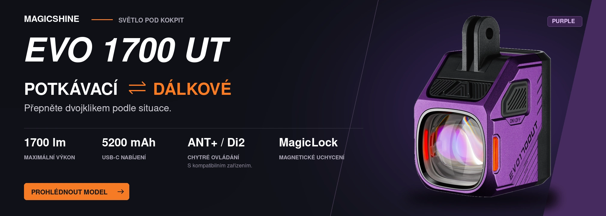 Magicshine EVO 1700 UT Purple – přední světlo na kolo ve fialovém provedení. Prohlédnout produkt.
